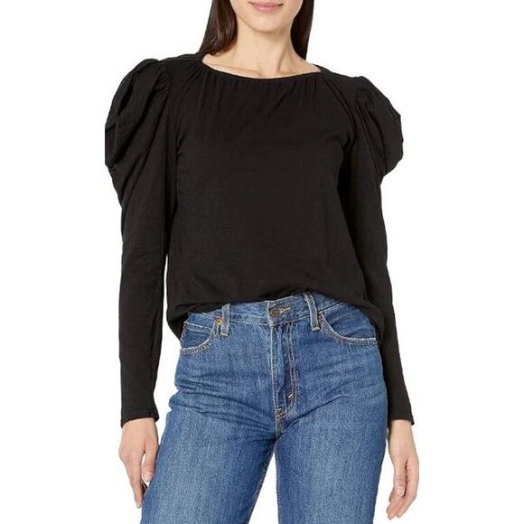 Velvet by Graham & Spencer Medium Tracie Ruched Top Black Puff Long Sleeves - Picture 1 of 10